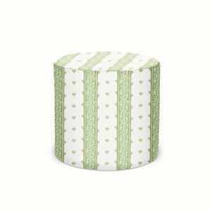 Indoor/Outdoor Pouf in Peter Dunham Textiles Fez Green on White