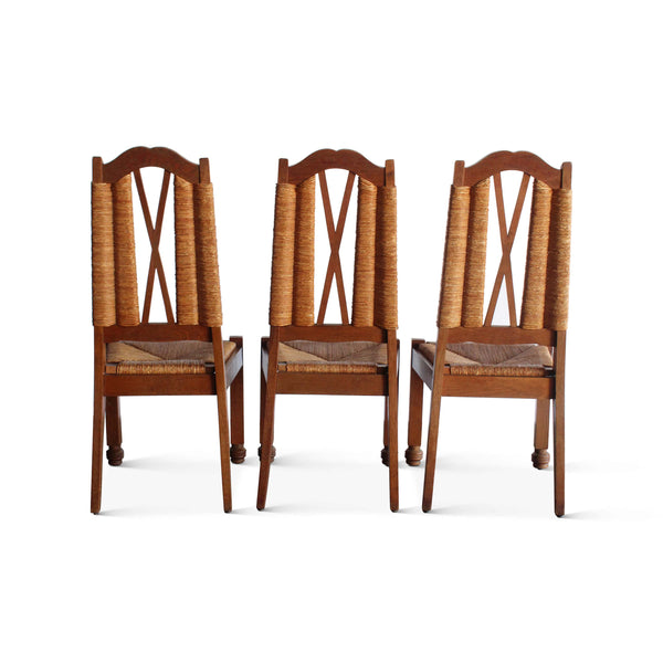 Set of Six Oak and Rush Dining Chairs by Maxime Old, France, 1940s