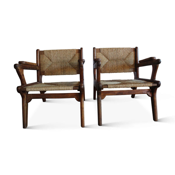 Pair of Olive Wood and Rush Armchairs