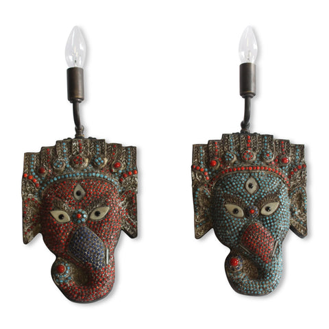 Pair of Inlaid Elephant Mask Indian Wall Sconces