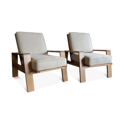 Pair of Oak Armchairs with Linen Cushions in the Style of Jean Royere