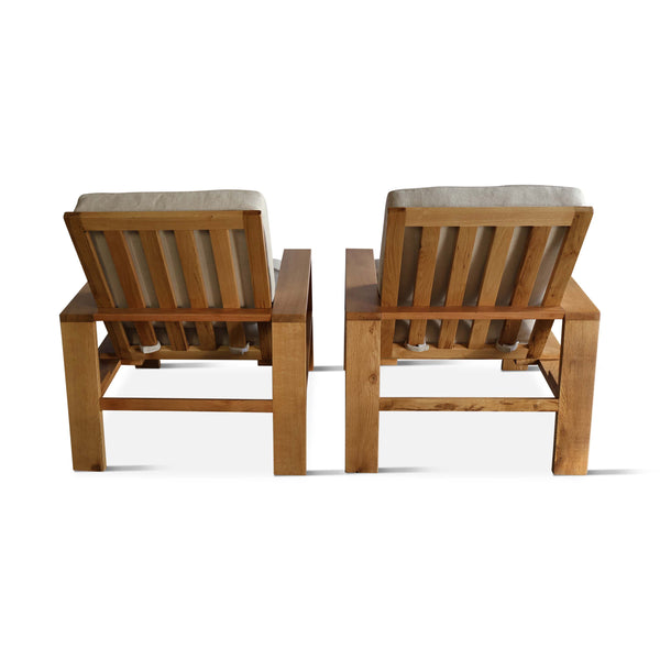 Pair of Oak Armchairs with Linen Cushions in the Style of Jean Royere