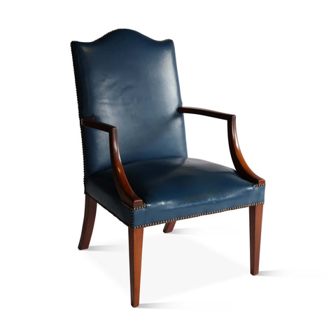 19th Century English Mahogany Library Chair in Blue Leather