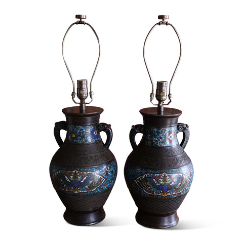 Pair of Bronze Chinese Cloissone Vase Table Lamps