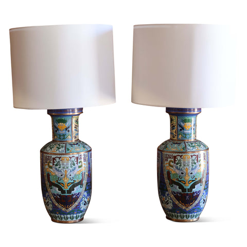 Pair of Early 20th Century Brass Cloissone Chinese Vase Lamps