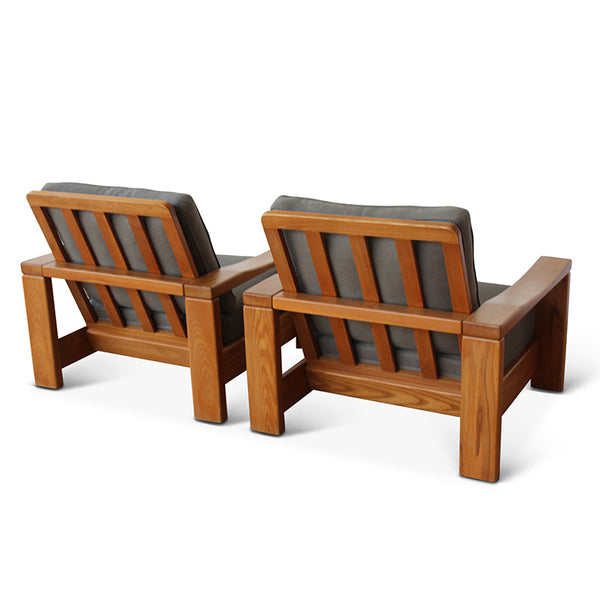 Vintage Elm Wood and Linen Lounge Chairs