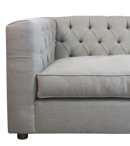 Our beautiful Wormley Sofa was inspired by a 1950s Edward Wormley Sofa, featuring button-tufted details along the back and self-welt seat cushions. It's handmade in Los Angeles with COM (customer's own material).