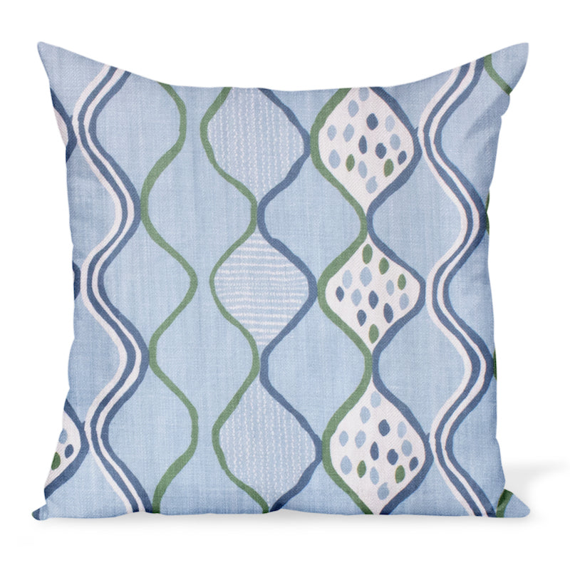 A fun, colorful cushion from Peter Dunham Textiles made from the herringbone linen print Baltic Wave in Blue/Green. Decorative pillows available in a variety of sizes. 
