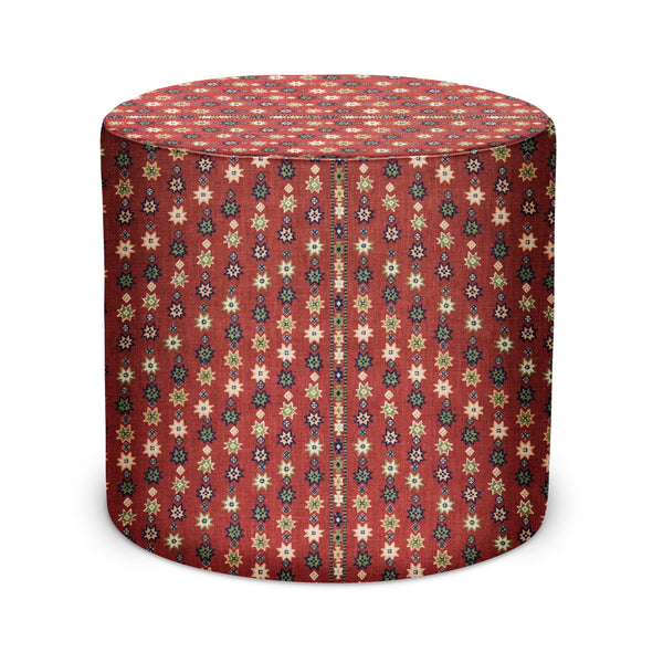 Red patterned fabric round indoor pouf with star motif and fitted top