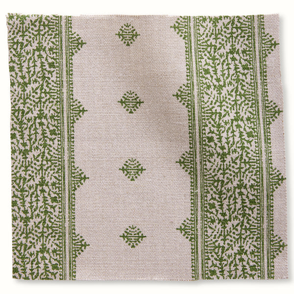 Peter Dunham Textiles fez stripe pillow cover with green motifs and natural striped borders