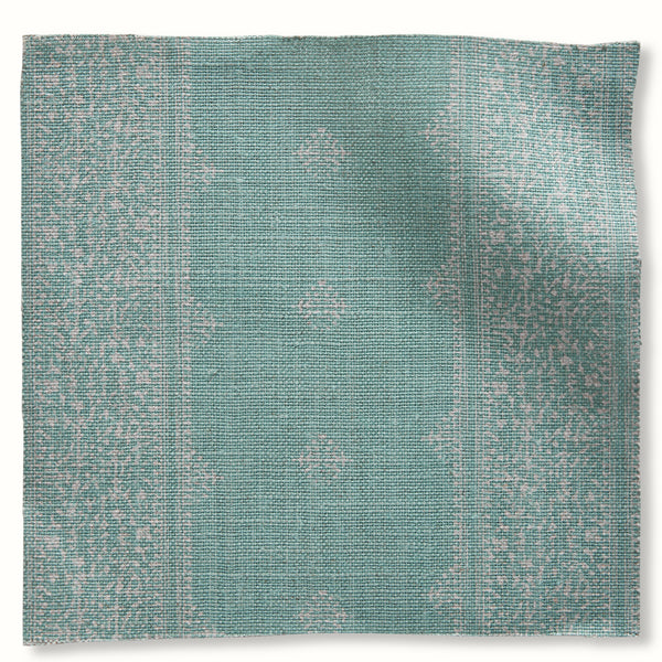 Pale blue striped pillow cover with vertical woven texture and trim edges