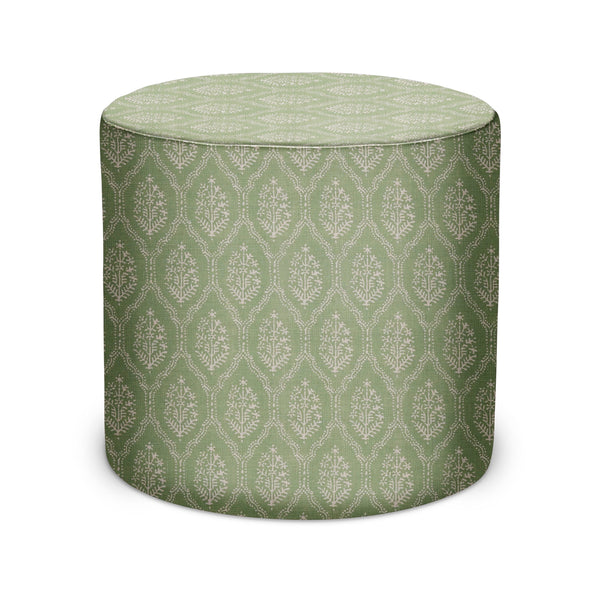 Indoor pouf ottoman in spring green with white jaali geometric pattern, round top
