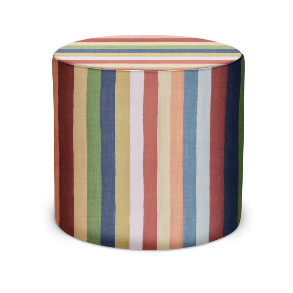 Multicolor striped indoor pouf ottoman, cylindrical with flat top