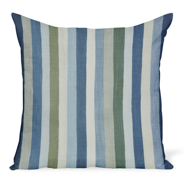 Blue and green vertical striped throw pillow with square shape and stitched edges