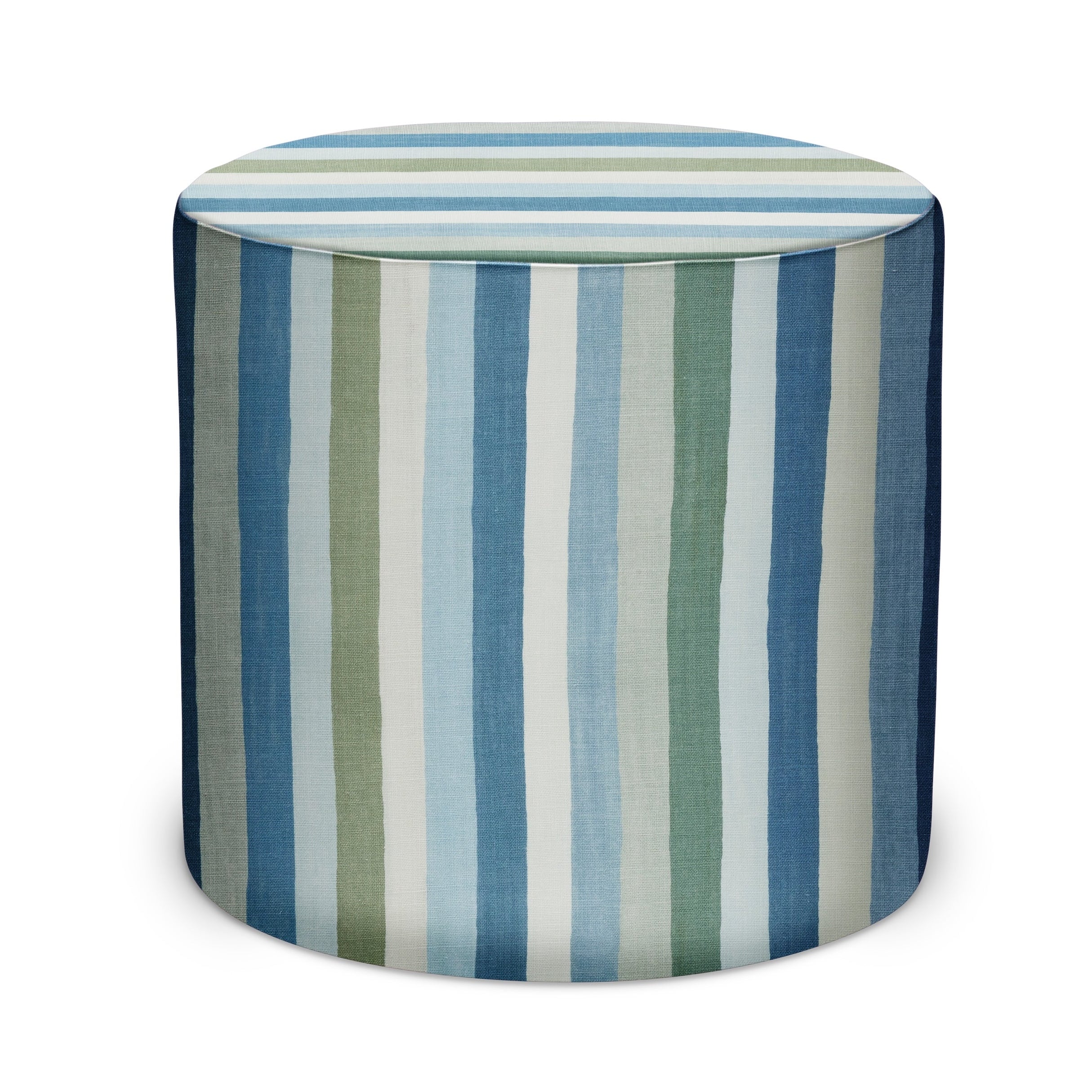 Indoor Pouf in Peter Dunham Textiles Jacob's Stripe in Blue/Green