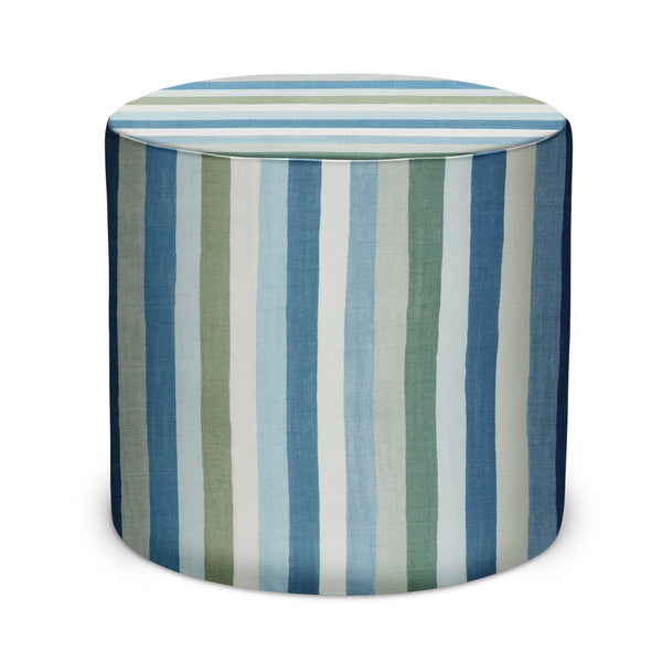 Indoor fabric pouf with vertical blue and green stripe pattern, rounded top and sides