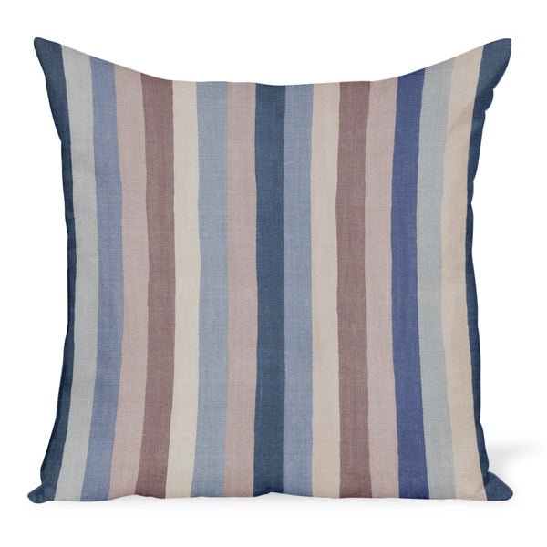 Blue and pink vertical striped throw pillow with smooth front and piped edges