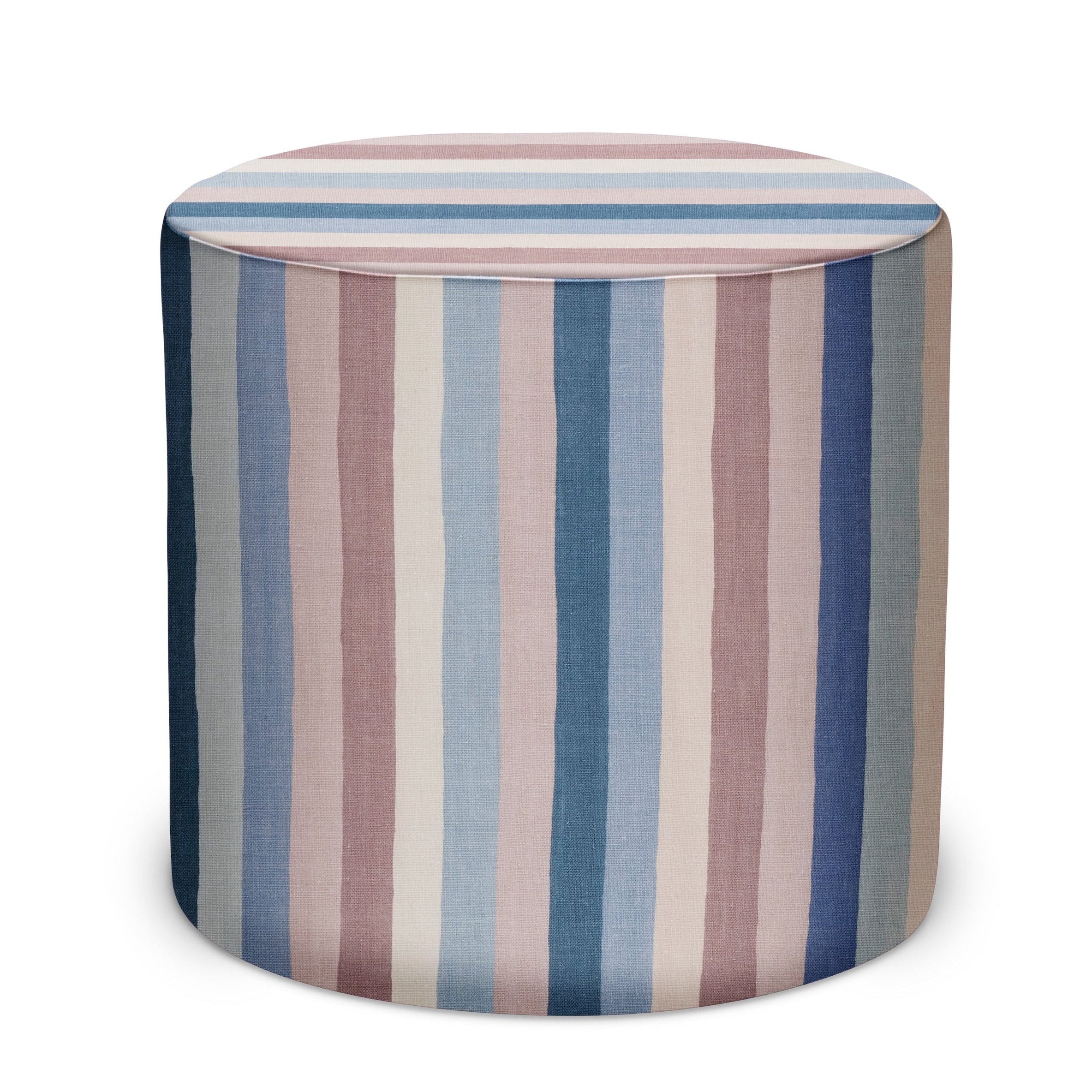 Indoor Pouf in Peter Dunham Textiles Jacob's Stripe in Blue/Pink
