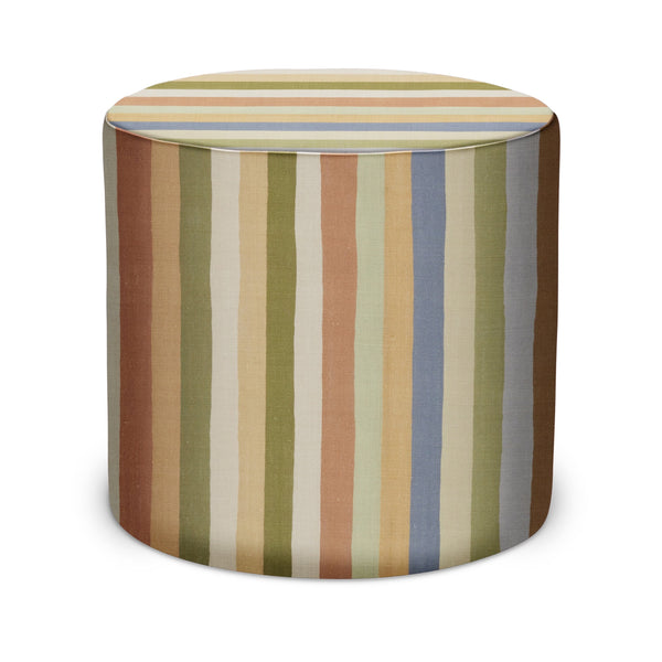 Indoor pouf with round cylinder shape and vertical striped fabric in beige, sage, blue, rust
