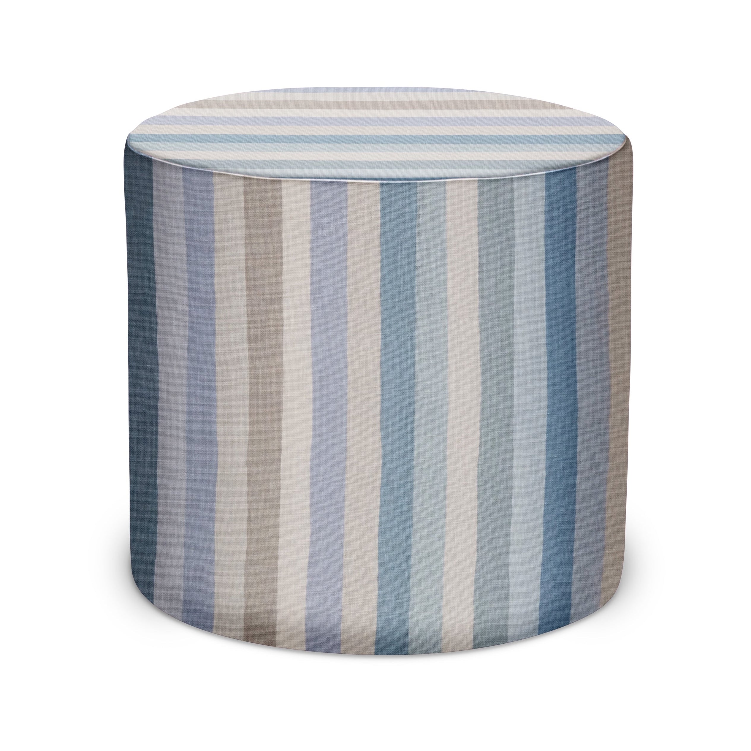 Indoor Pouf in Peter Dunham Textiles Jacob's Stripe in Pale Blues