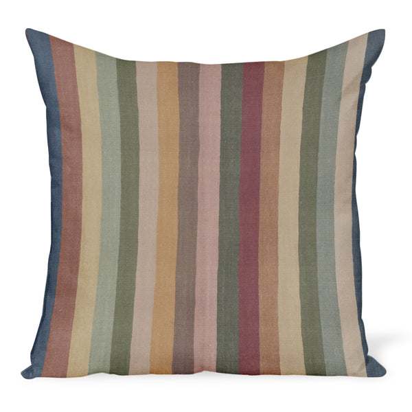 Striped pillow cover with vertical raspberry, sage, cream and gray bands
