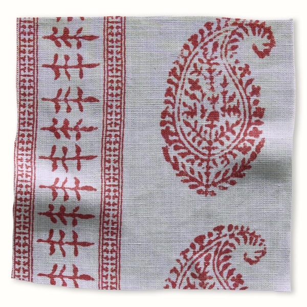 Red and blue paisley pillow with border stripe and central medallion pattern