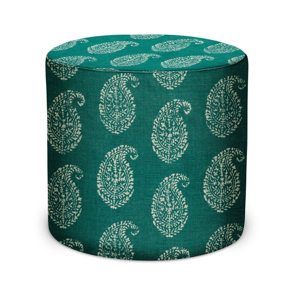 Round indoor pouf in teal with light paisley print fabric