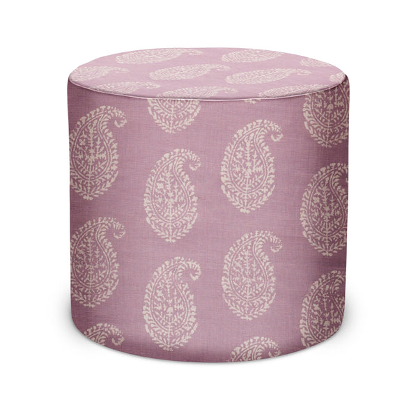 Lilac paisley indoor pouf with white pattern, round upholstered seat and top