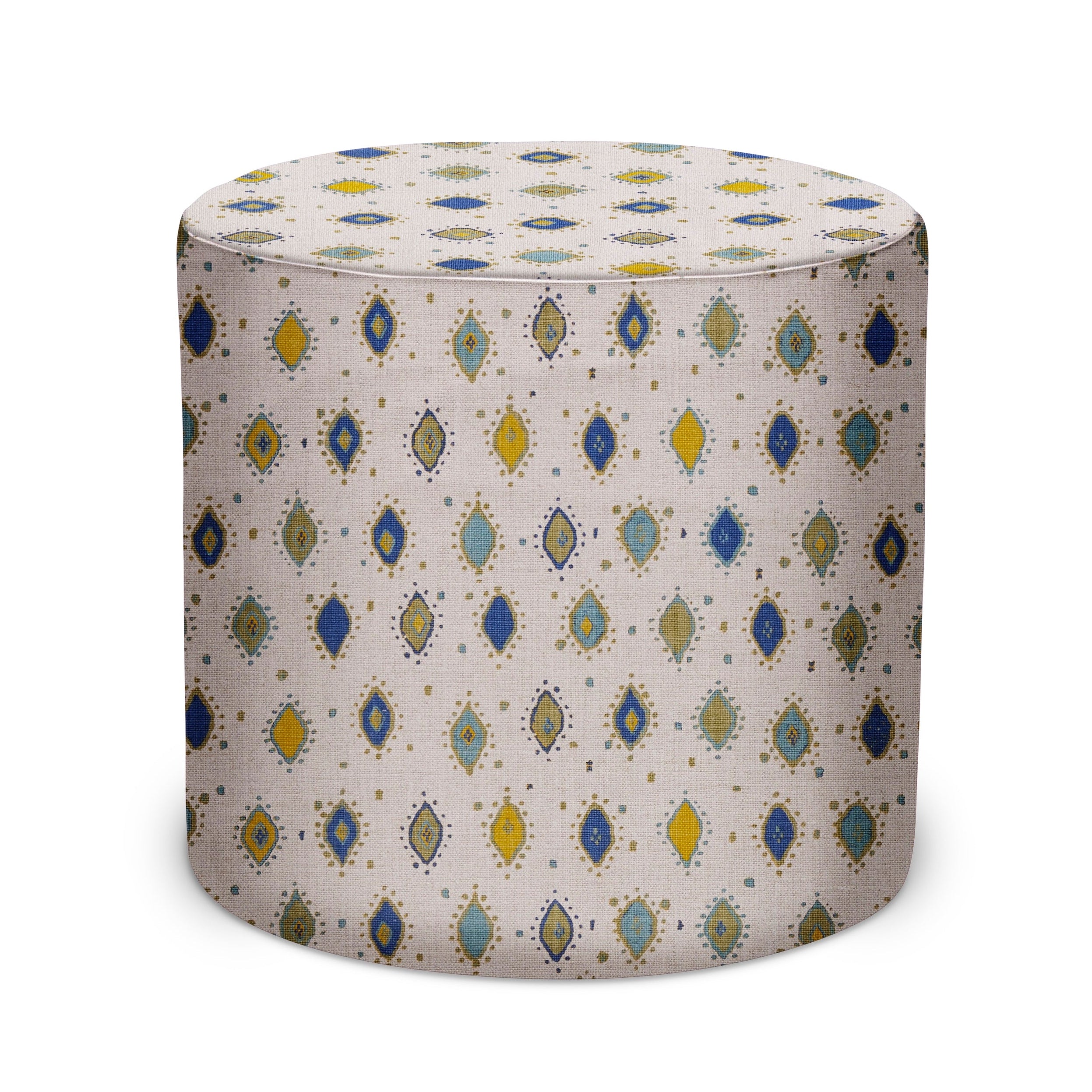 Indoor Pouf in Peter Dunham Textiles Oona in Indigo/Olive on Natural