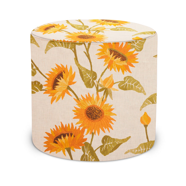 Natural sunflower vine indoor pouf, cylindrical upholstered fabric with orange-yellow flowers