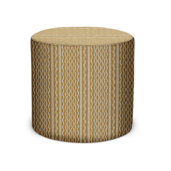 Mustard striped fabric pouf with rounded cylinder top and vertical geometric pattern