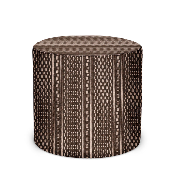 Indoor/outdoor pouf with Hmong stripe fabric, bark brown with cream vertical patterns