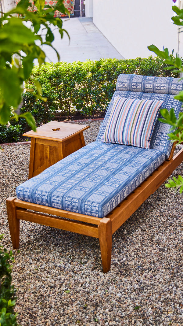 Indoor/outdoor Formosa chaise lounge with blue striped cushion set and wood frame