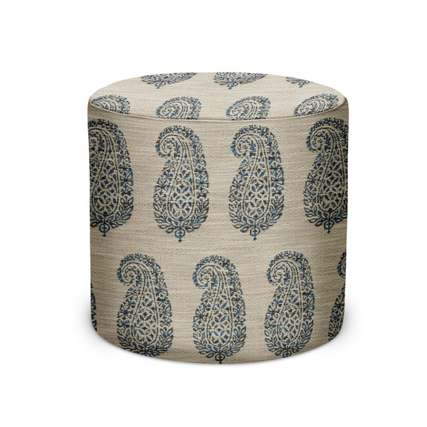 Indoor/outdoor pouf with natural fabric and blue paisley pattern, cylindrical