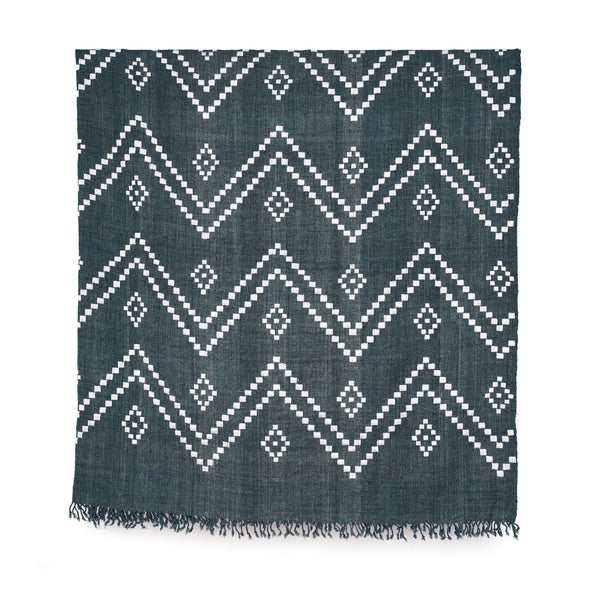 Charcoal bedcover with white zigzag pattern and tassel fringe edge