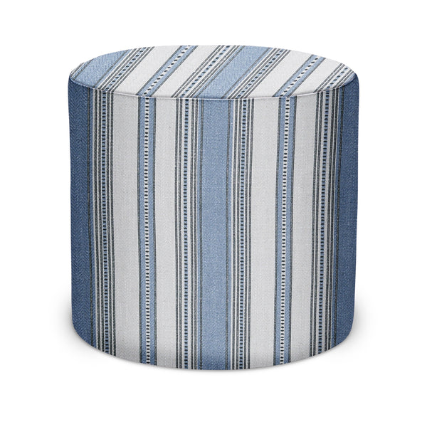 Striped fabric pouf ottoman, steel blue and natural, cylindrical