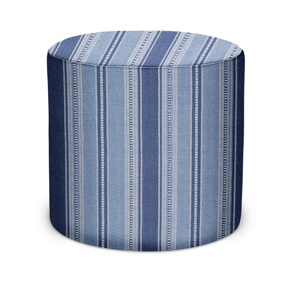 Indigo-blue striped round indoor pouf with cylindrical sides and padded top