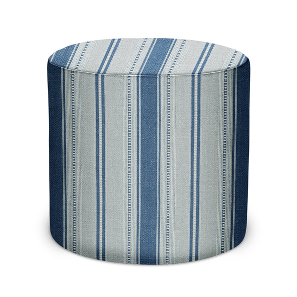 Blue striped cylindrical indoor pouf ottoman with fabric upholstery
