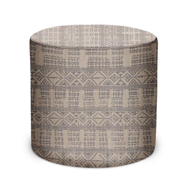 Geometric patterned fabric pouf ottoman in ash and gray, round with padded top