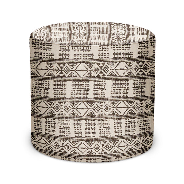 Patterned fabric indoor pouf with geometric border, round drum shape in natural and dark brown