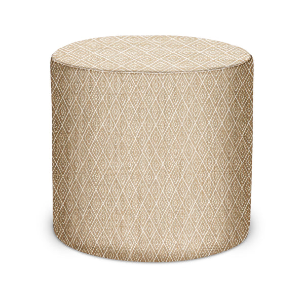 Indoor pouf upholstered in stone beige geometric fabric, cylindrical drum shape.