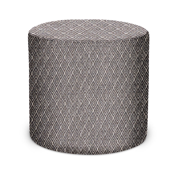Charcoal geometric-pattern indoor pouf with cylindrical upholstered sides