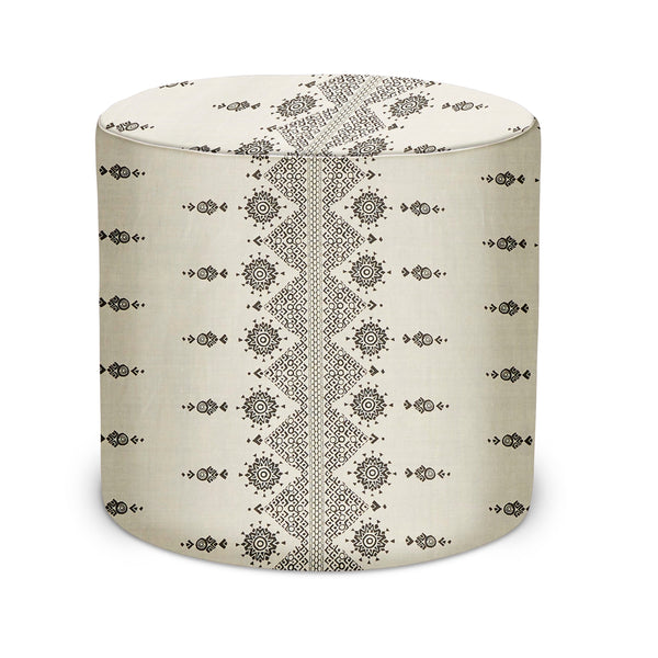 Indoor pouf with natural fabric and black geometric pattern, round cylinder top