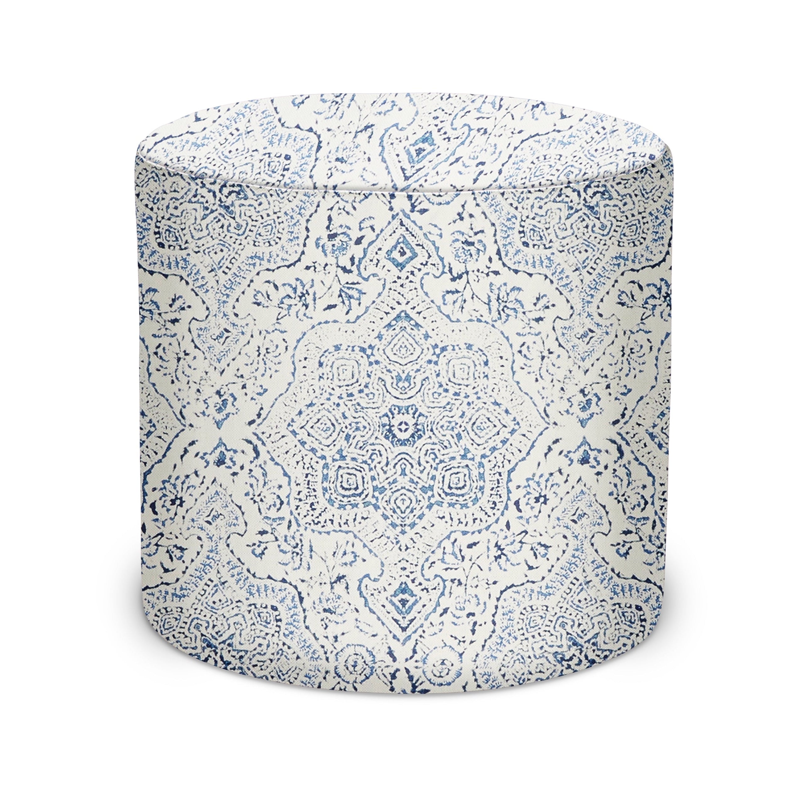 Indoor Pouf in Peter Dunham Textiles Deeg in Blue/Blue on White