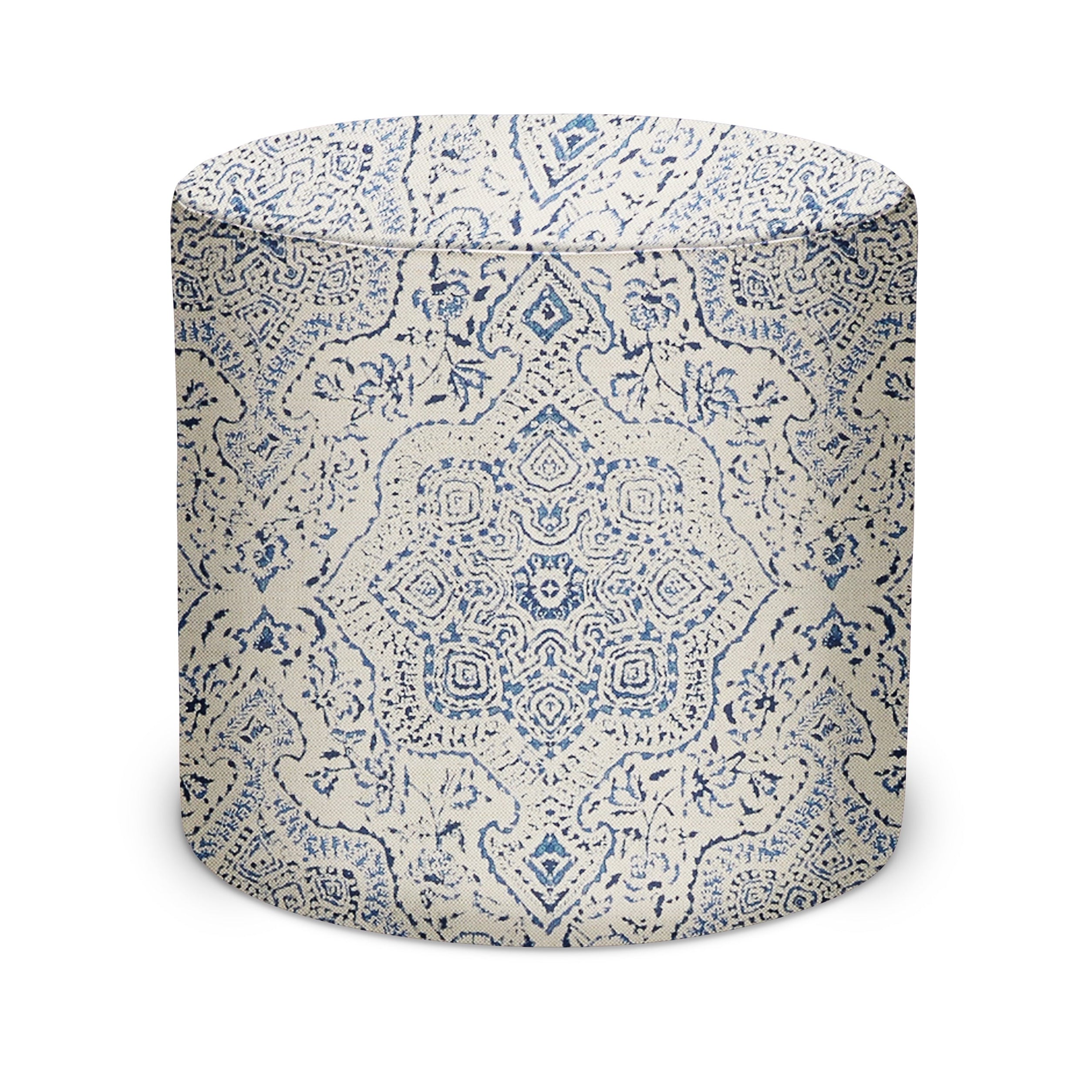 Indoor Pouf in Peter Dunham Textiles Deeg in Blue/Blue on Tan