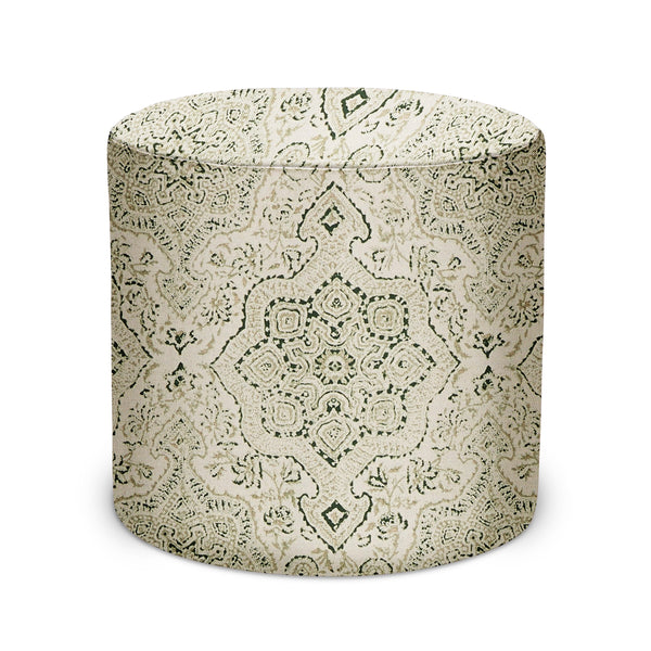 Indoor pouf by Peter Dunham Textiles, green patterned fabric on tan, round upholstered seat
