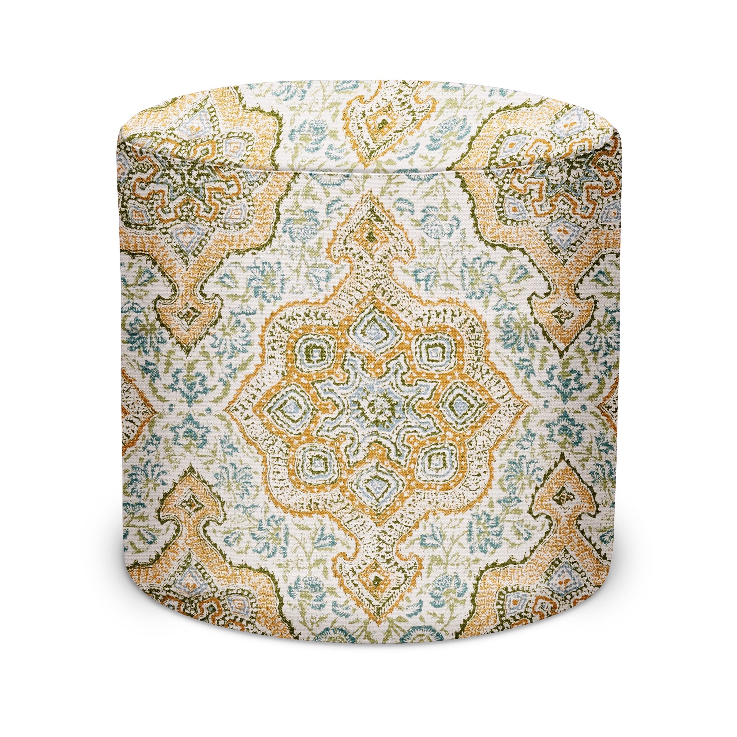 Indoor Pouf in Peter Dunham Textiles Deeg in Gold/Olive on White