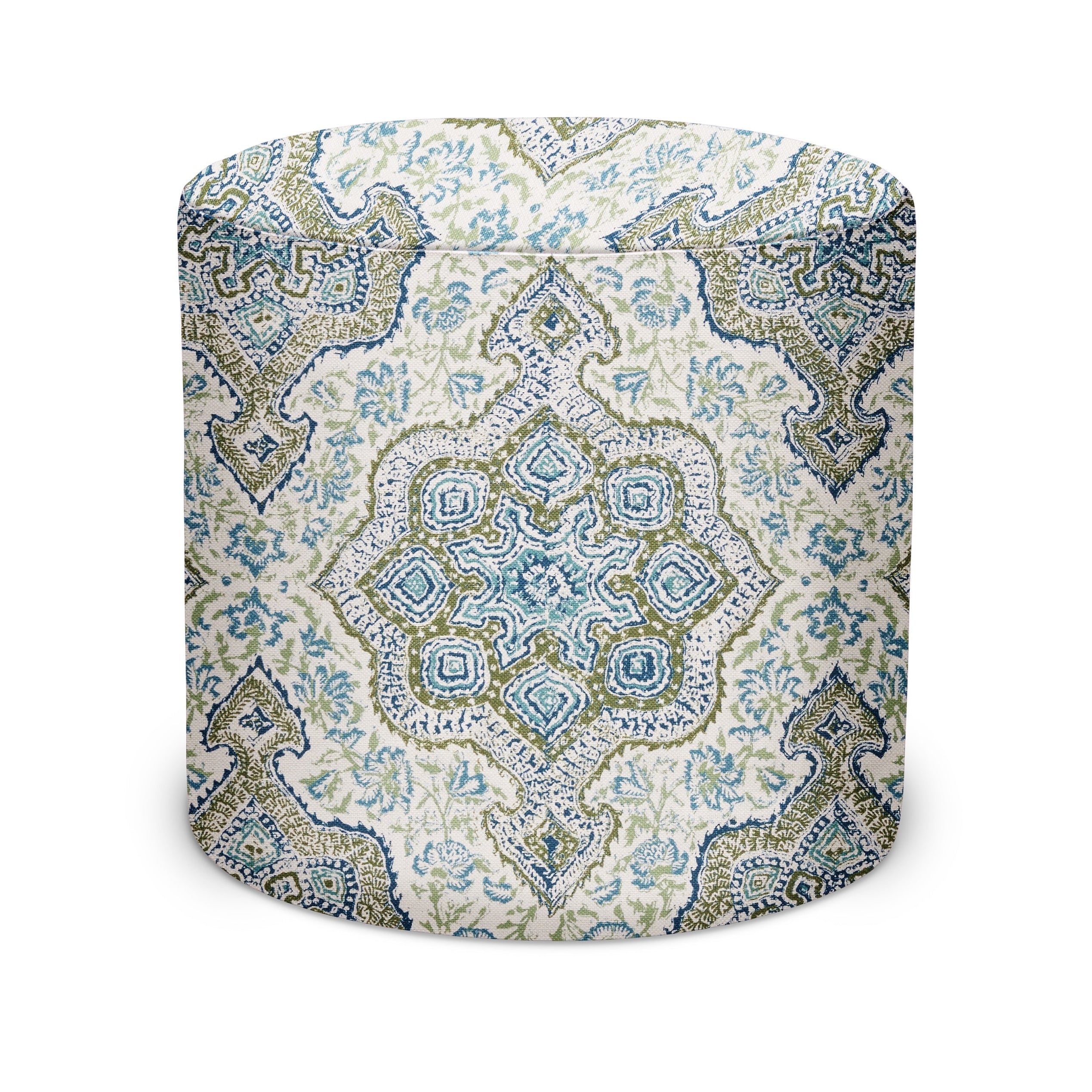 Indoor Pouf in Peter Dunham Textiles Deeg in Moss/Indigo on White