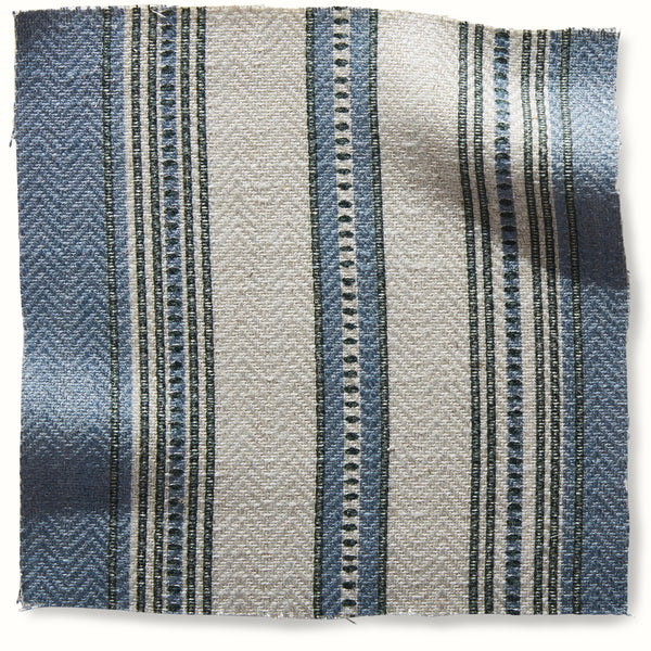 Dhurrie textile rug with vertical blue, natural, and dark stripe pattern