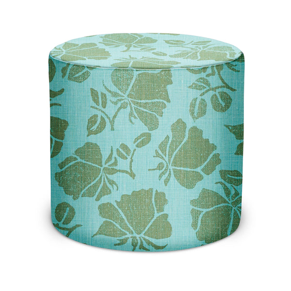 Indoor pouf with blue-green botanical leaf print fabric, cylindrical top and sides